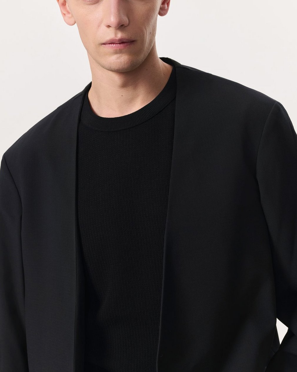 Collarless Wool-Blend Ripstop Blazer - Black