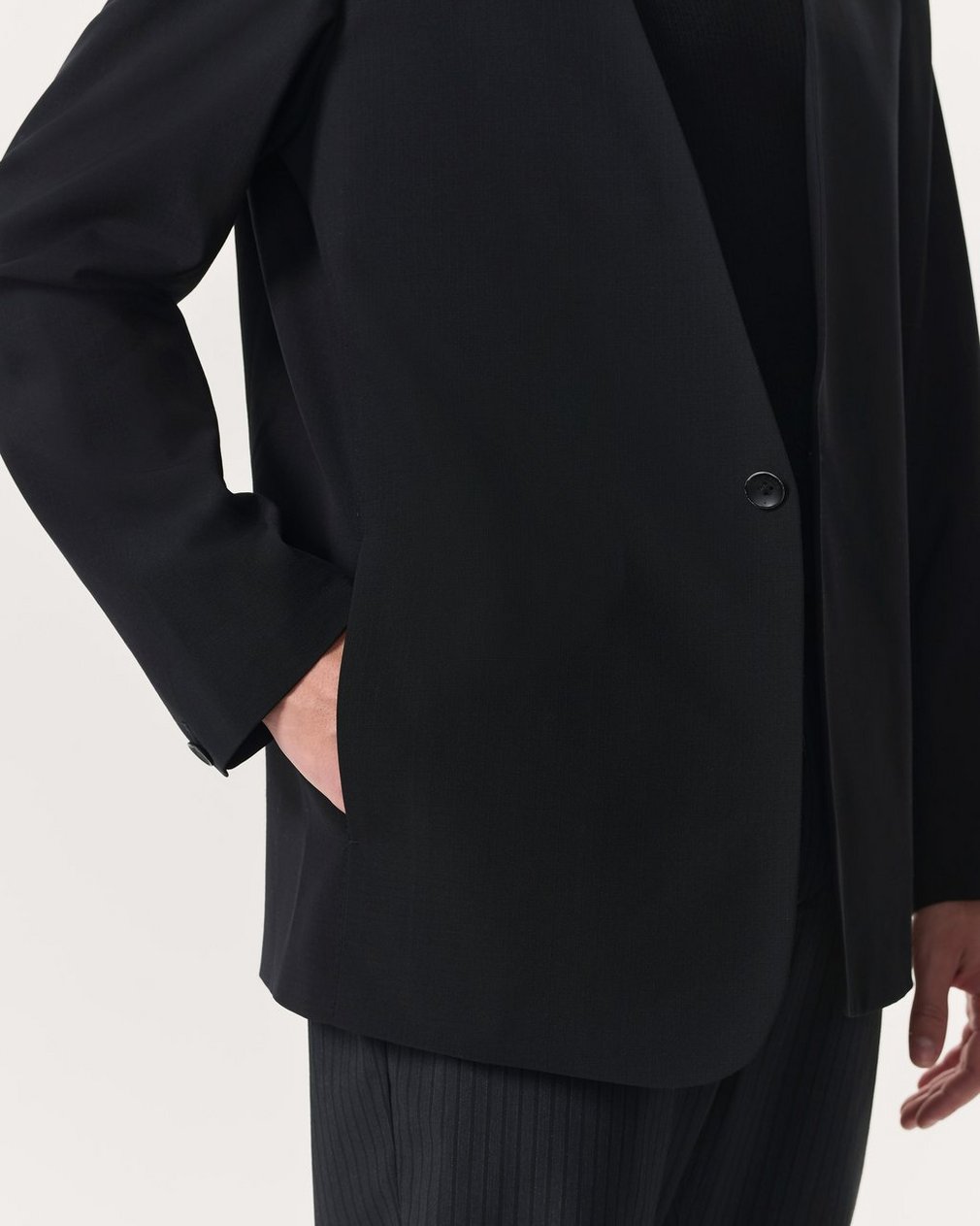 Collarless Wool-Blend Ripstop Blazer - Black