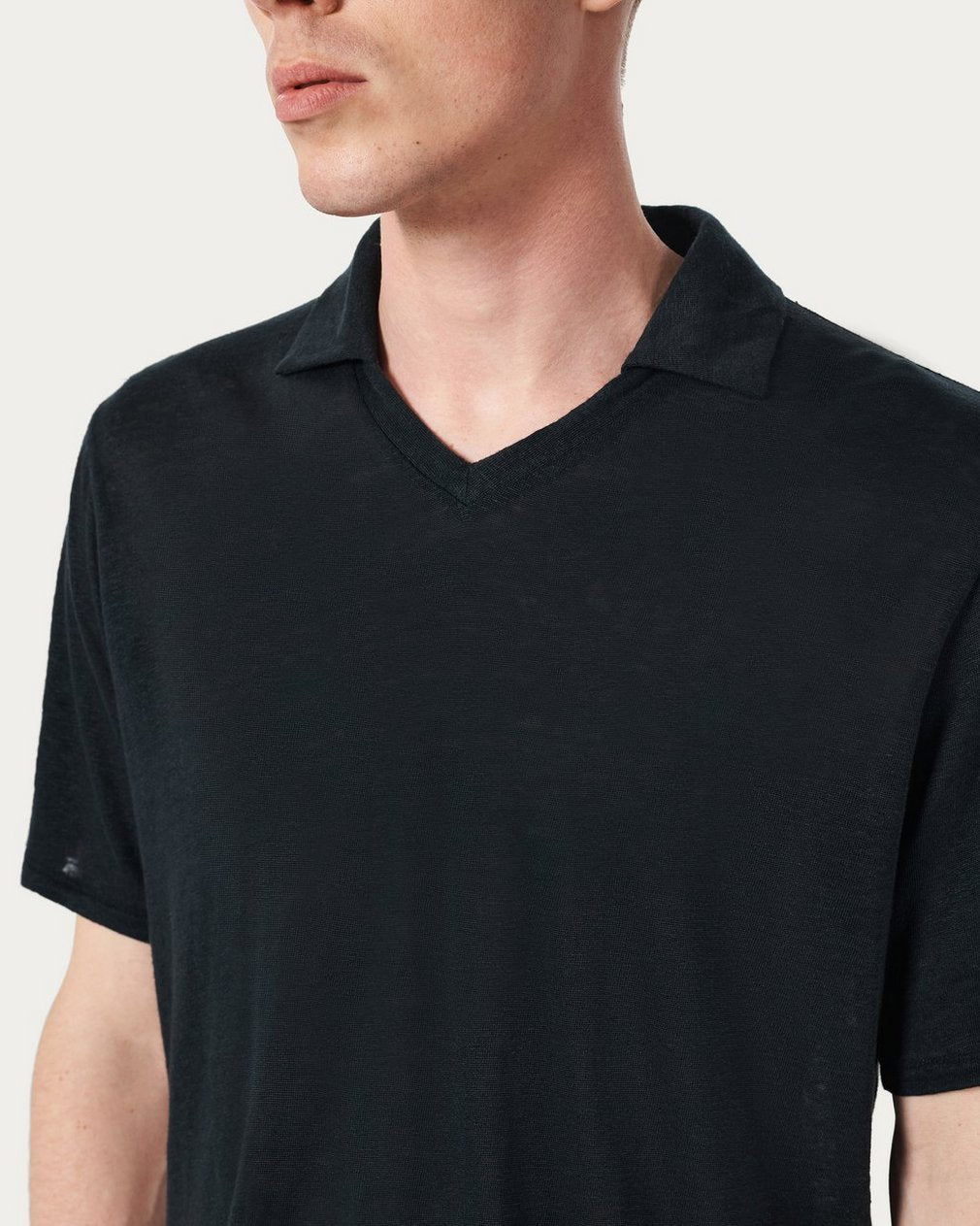 Linen Johnny Collar Polo - Black