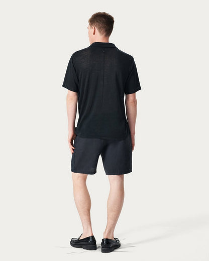 Linen Johnny Collar Polo - Black